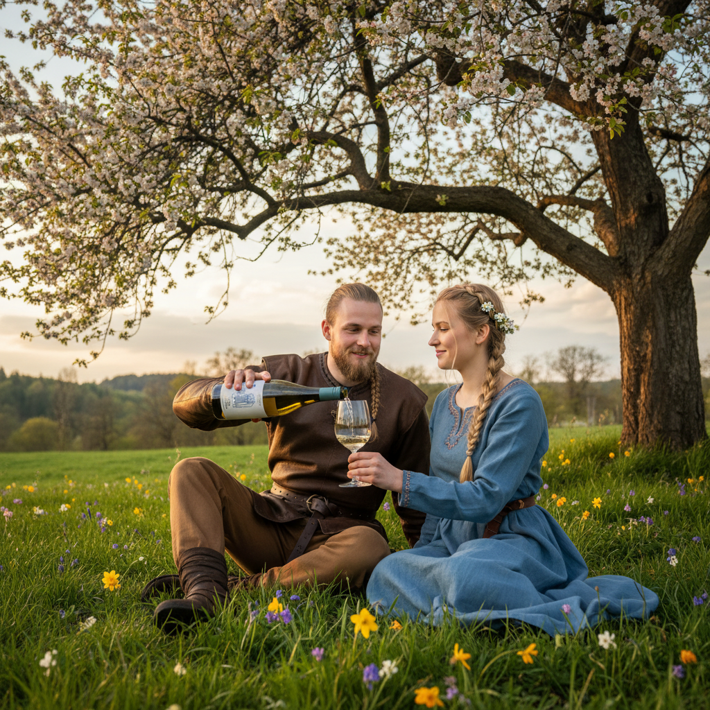 Alter Schwede – der Brave vom Weingut Schwedhelm aus dem Zellertal. Von einem Wikinger wird die Flasche auf einer Wiese eingeschenkt.