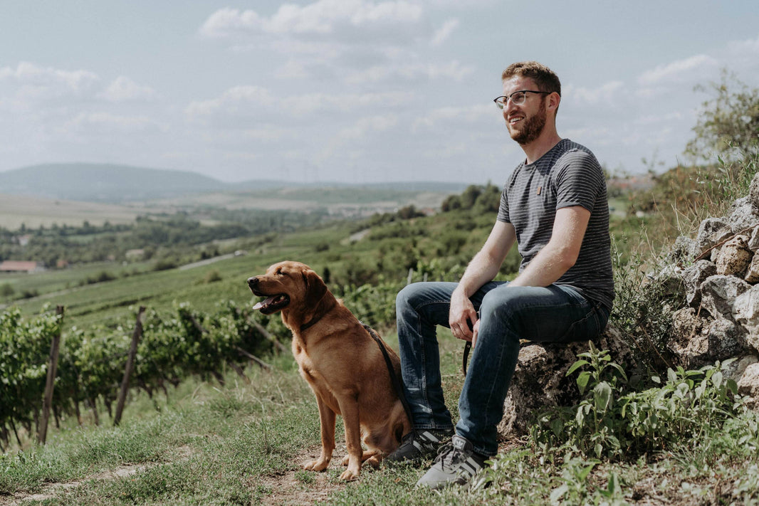 Georg Schwedhelm sitzt mit Hund im Weinberg des Weinguts Schwedhelm im Zellertal