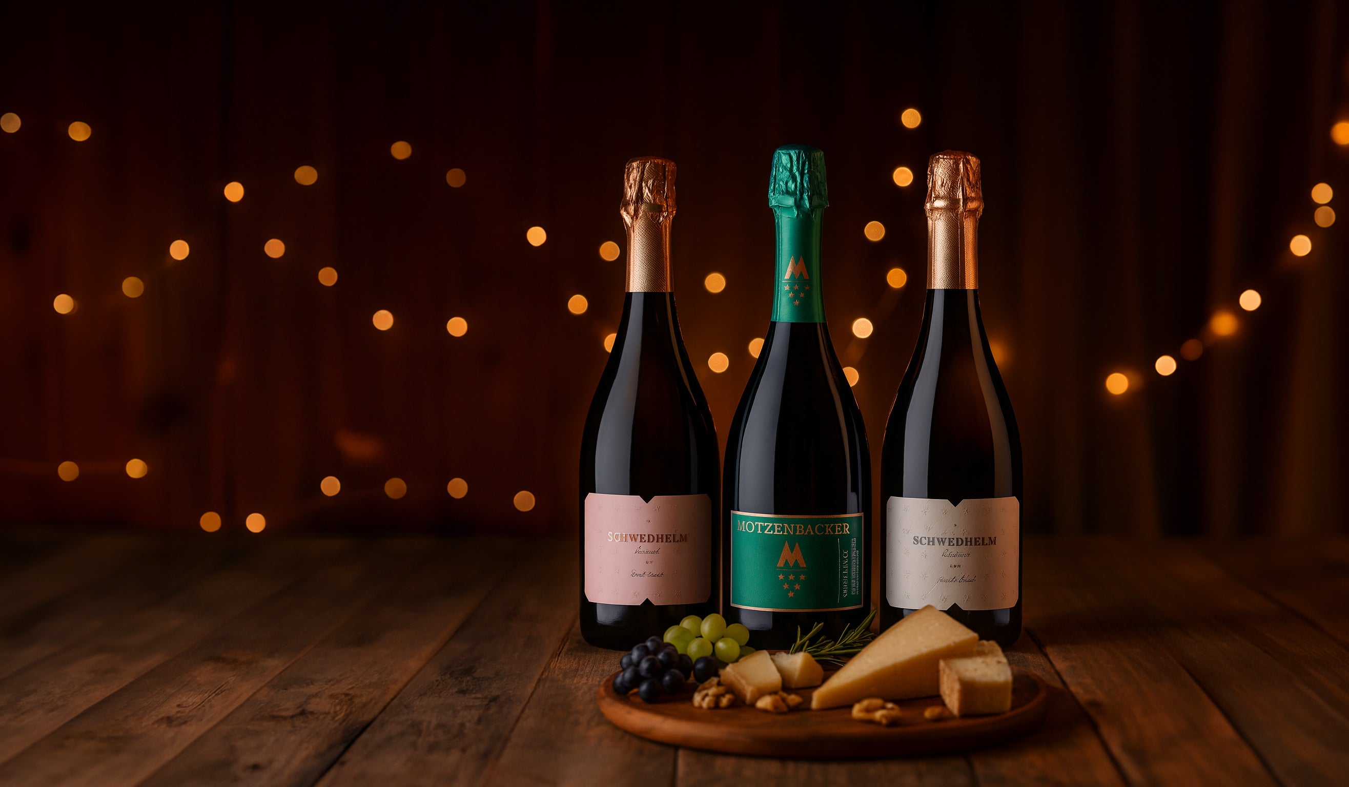 Drei Flaschen Winzersekt Pinot Brut, Riesling Brut von Marie Menger-Krug und Rosé Brut mit Käseplatte, Weingut Schwedhelm im Zellertal auf einem Holztisch. Im Vordergrund ist eine Käseplatte zu sehen.
